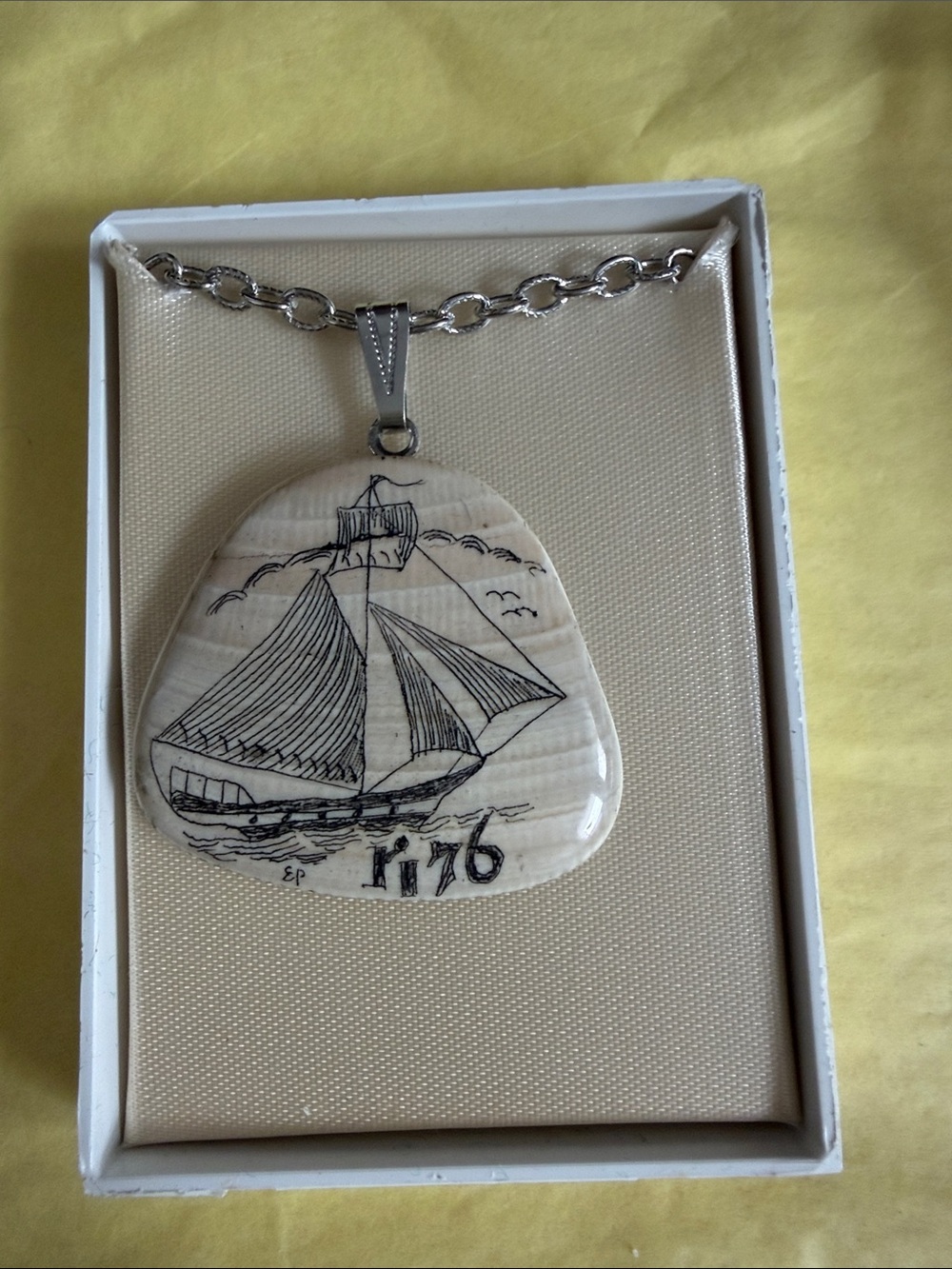 Hand-Drawn Sailboat Scrimshaw Pendant Necklace - Cream & Black